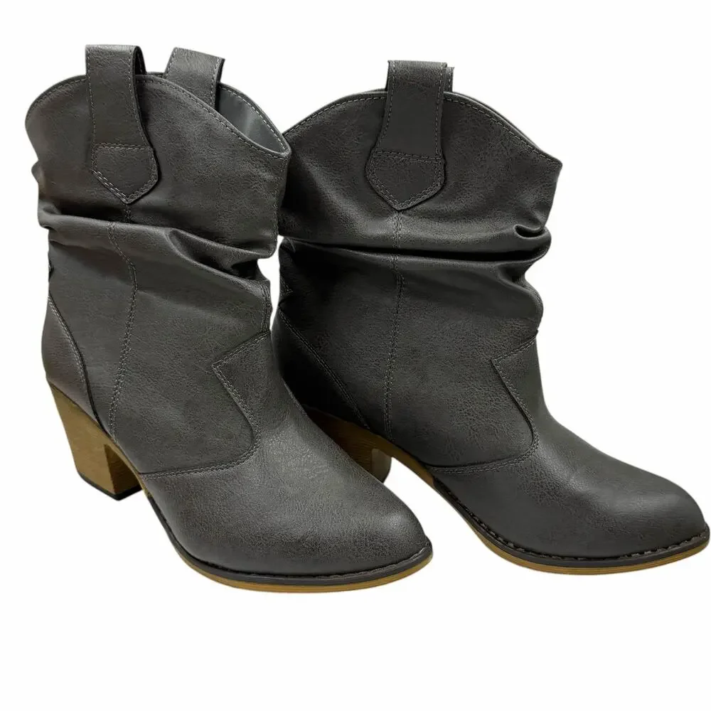 Charles Albert Grey Slouchy Western Ankle Boots Chunky Heel Booties Sz 8M Boho
